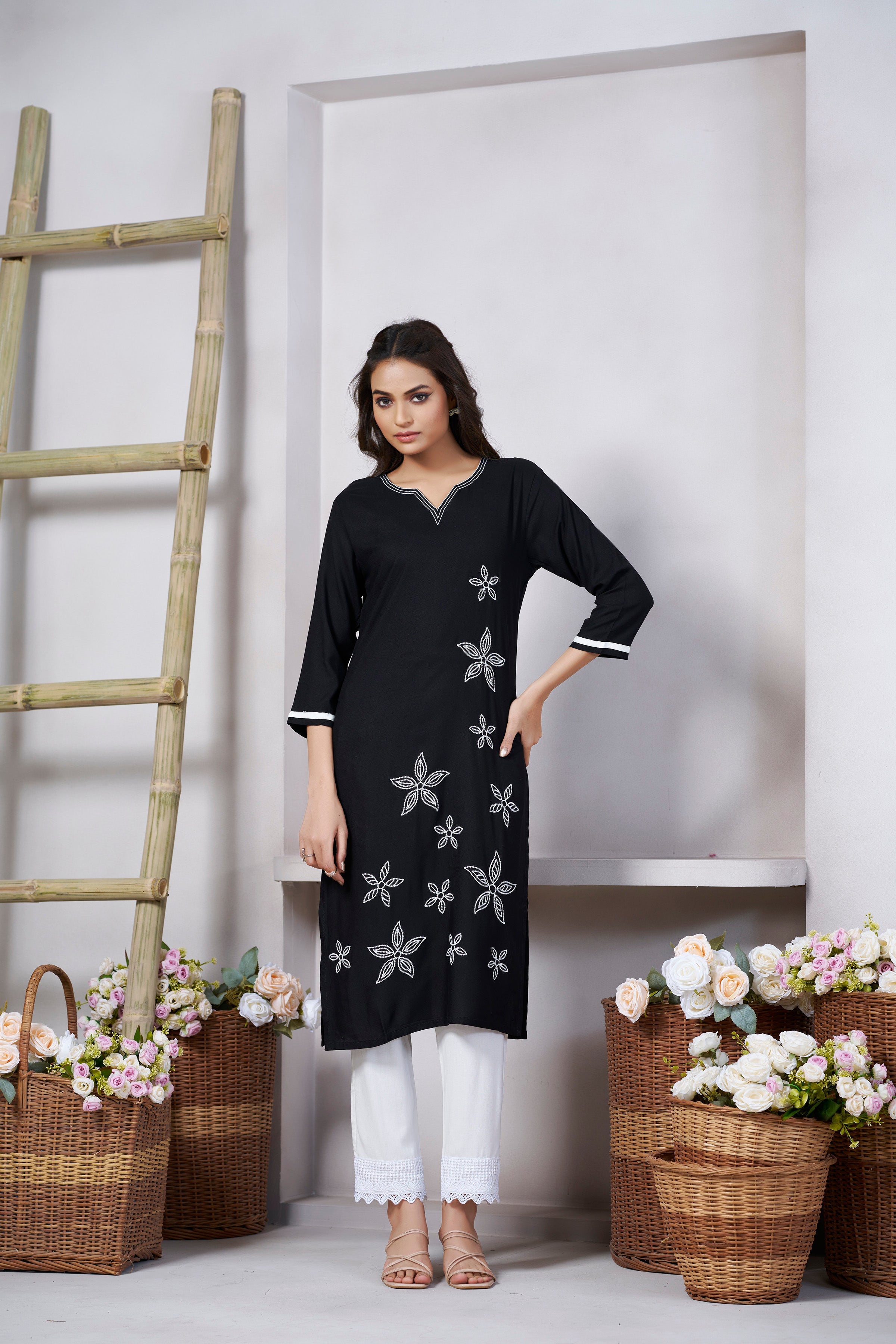 Black Viscose Rayon Kurti with Thread Work and 3/4 Sleeves with Stylish Neckline